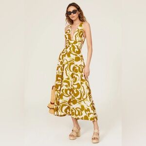 Nicholas Haisley Cutout Linen-Blend Midi Dress in mustard swirl print size US 10